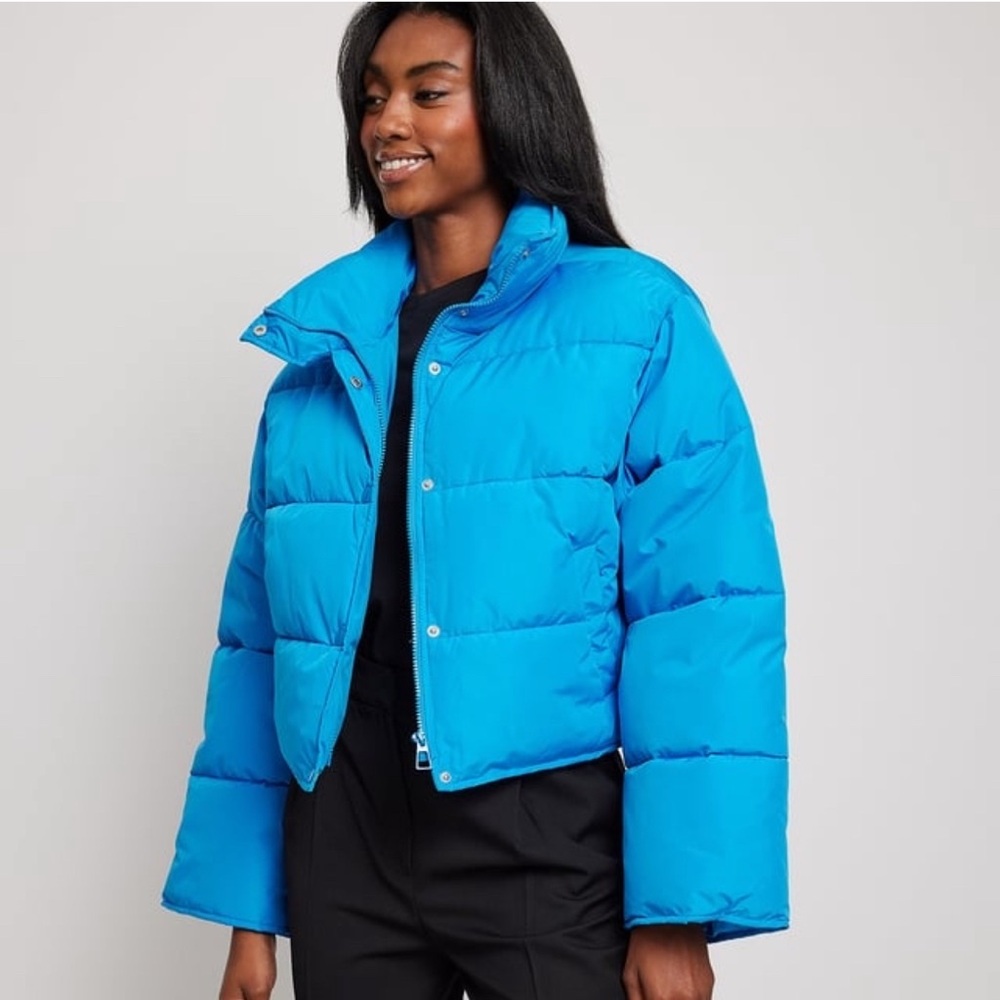 NA-KD Recycled Short Padded Press Button Jacket Zipper Size EUR 32 Blue